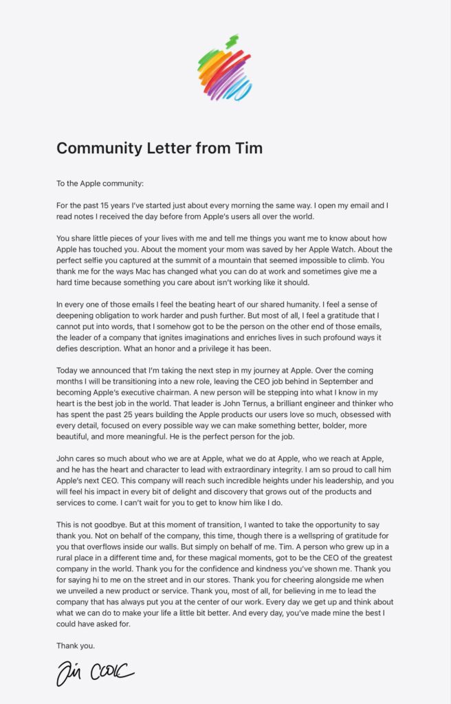 APPLE COMMUNITY LETTER 