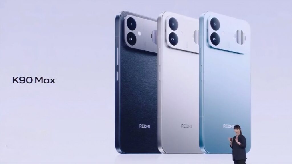 Redmi K90 Max available in three premium color options - dark blue, silver white, and light blue with textured finishes